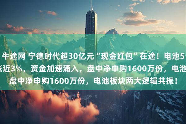 牛途网 宁德时代超30亿元“现金红包”在途！电池50ETF(159796)大涨近3%，资金加速涌入，盘中净申购1600万份，电池板块两大逻辑共振！